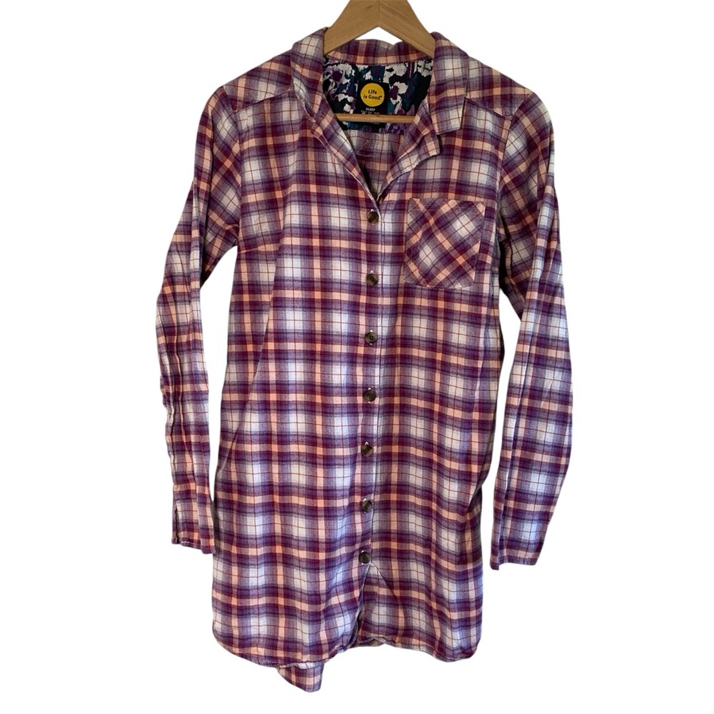 Life is Good Sleepshirt Medium‎ Checkered Flannel Button-up Cotton Purple
